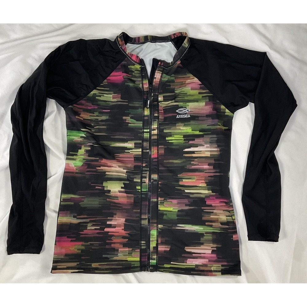 Axesea Womens Sz 14 UPF 50+ Zip Front Rash Guard Swim Top Black Long Sleeve 392
